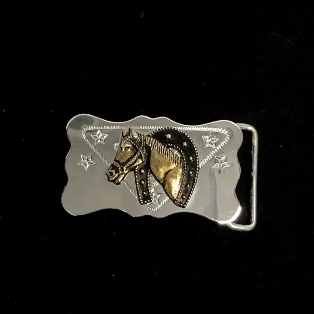 vintage metal horse belt buckle two tone‎ metal horseshoe mirror finish western